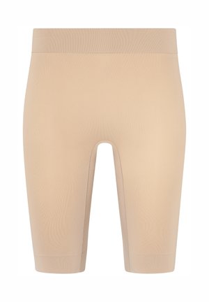 Beige nahtlose Kompressionsshorts in knielanger Länge mit breitem elastischem Bund und flachen Nähten, entworfen für eine glatte Passform und Unterstützung.