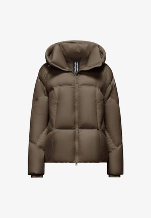 Khaki puffer jacket with a hood, featuring a front zipper, boxy shape, and quilted texture. Smooth finish with two front pockets.