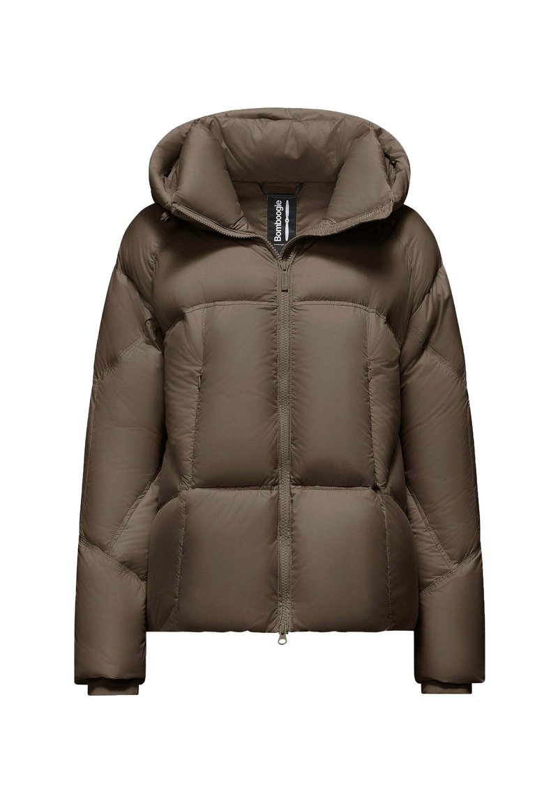Khaki pufferjack met capuchon, met een metalen rits aan de voorkant, een boxy model en een gewatteerde textuur. Gladde afwerking met twee zakken aan de voorkant.