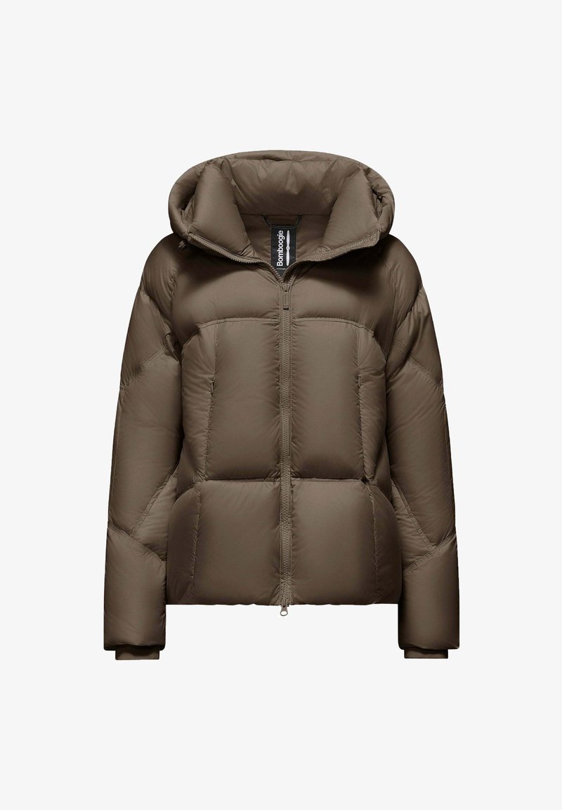 Khaki pufferjack met capuchon, met een metalen rits aan de voorkant, een boxy model en een gewatteerde textuur. Gladde afwerking met twee zakken aan de voorkant.