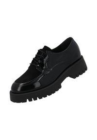 Scarpe stringate nere in pelle, caratterizzate da una combinazione di pelle verniciata e suede, con una suola in gomma nera chunk e dettagli di cucitura a contrasto.
