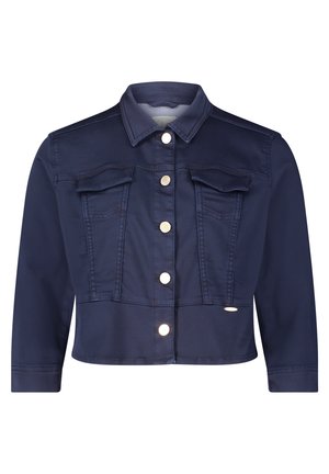 Navyblaue, gekürzte Jeansjacke mit Kragen, knopflosem Frontverschluss, zwei Brusttaschen und goldenen Hardware-Akzenten. Glatte Textur.