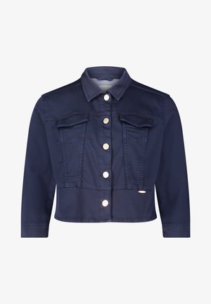 Navyblaue, gekürzte Jeansjacke mit Kragen, knopflosem Frontverschluss, zwei Brusttaschen und goldenen Hardware-Akzenten. Glatte Textur.