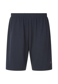 Marineblaue Shorts mit elastischem Bund, aus weichem Stoff, mit einem kleinen gestickten Logo in Orange auf der unteren rechten Seite.