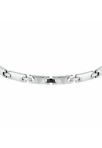 Bracciale in acciaio inossidabile con maglie rettangolari, superficie lucida e pezzi neri centrati, che mette in mostra un design elegante e moderno.