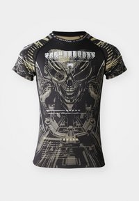 Black short-sleeve athletic shirt featuring a graphic design of a skull with machinery accents and text details. Made from stretchable material.