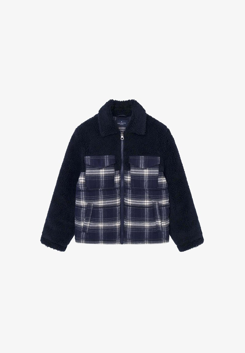 Veste polaire bleu marine avec poches avant à carreaux, fermeture éclair intégrale et col, mêlant des motifs unis et à carreaux.