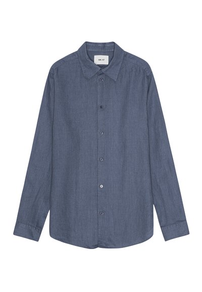 Long-sleeve blue shirt made of cotton, featuring a pointed collar, button front, and cuffs with single button closures. Smooth texture.