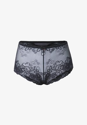 Zwarte kanten slip met een high-waisted ontwerp, voorzien van bloemmotieven en geschulpte randen, gemaakt van doorschijnende meshstof.