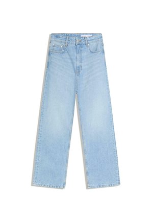 Light blue high-waisted wide-leg jeans with front pockets, belt loops, and a button closure.