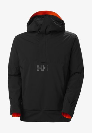 Schwarze wasserdichte Jacke mit Kapuze, schlichten Design und orangen Innenakzenten. Enthält ein dezentes Logo auf der Vorderseite.