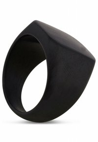 Black geometric ring with a smooth, matte finish. Features a tapered, angular design creating a dynamic shape and texture.