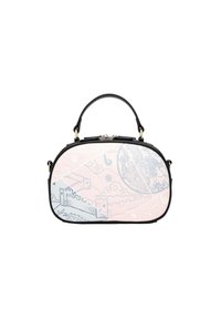 Schwarze Handtasche mit runder Form, Kunstlederakzenten, pink- und blaugemustertem Oberflächenmotiv mit Motiven eines Schlosses und Wolken. Goldene Hardware-Details.
