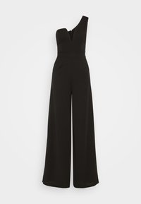 Svart én-skulder jumpsuit med dyp utringning, tettsittende midje, vide ben og usynlig glidelås i ryggen. Glatt tekstur.
