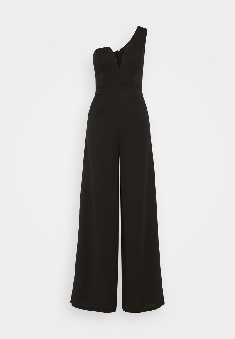 Zwarte one-shoulder jumpsuit met een diepe V-hals, een getailleerde taille, wijde broekspijpen en verborgen ritssluiting op de rug. Glad stofoppervlak.