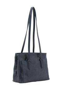 Sac fourre-tout en cuir marine avec deux longues poignées, forme rectangulaire, texture lisse, détails de couture subtils et design structuré.