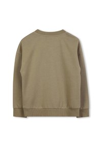 Felpa color khaki con collo a giro, polsini e orlo a costine. Tessuto morbido con silhouette rilassata e dettagli di cucitura minimi.
