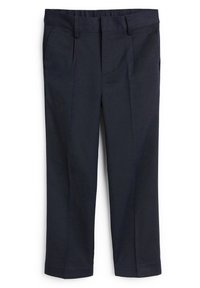 Pantalon bleu marine en tissu lisse, avec une taille plate, deux poches latérales et une coupe ajustée légèrement raccourcie.