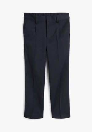 Pantalon bleu marine en tissu lisse, avec une taille plate, deux poches latérales et une coupe ajustée légèrement raccourcie.