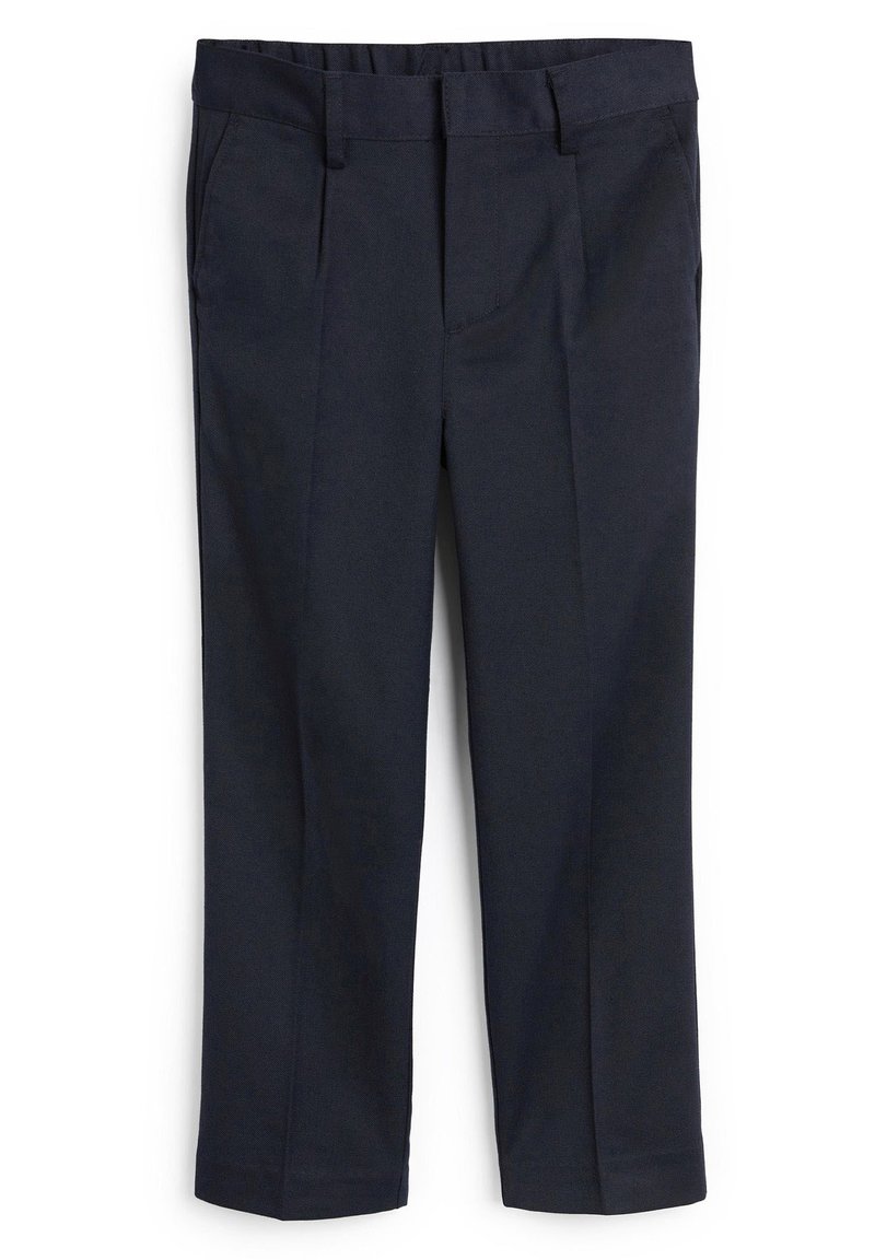 Pantaloni blu navy in tessuto morbido, con vita piatta, due tasche laterali e una vestibilità sartoriale con lunghezza leggermente accorciata.