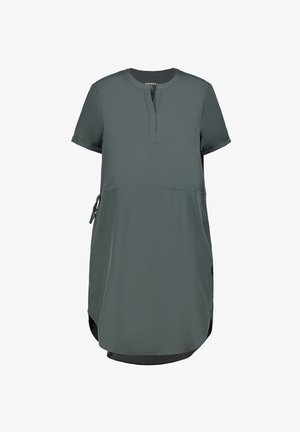 Korte mouw jurk in gedempt groen, met een plaketkraag, zijstrikjes en zijsplitten, vervaardigd uit een soepele, lichte stof.