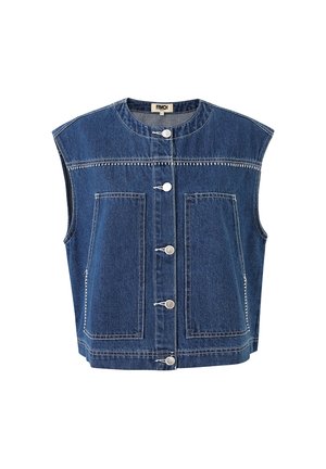 Ärmellose blaue Jeansweste mit rundem Ausschnitt, vorderen Knöpfen, zwei großen aufgesetzten Taschen und kontrastierenden weißen Nähdetails.