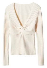 Pull en maille côtelée crème à manches longues avec un nœud torsadé à l'avant et un col en V.