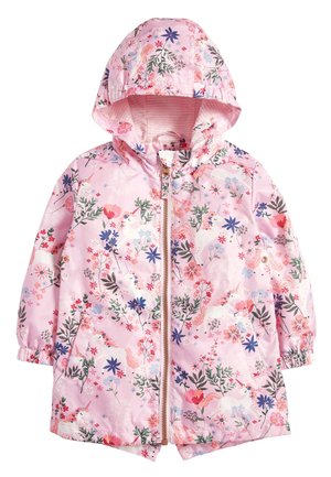 Imperméable enfant rose à capuche avec fermeture éclair, présentant des motifs floraux et de licornes en plusieurs couleurs.