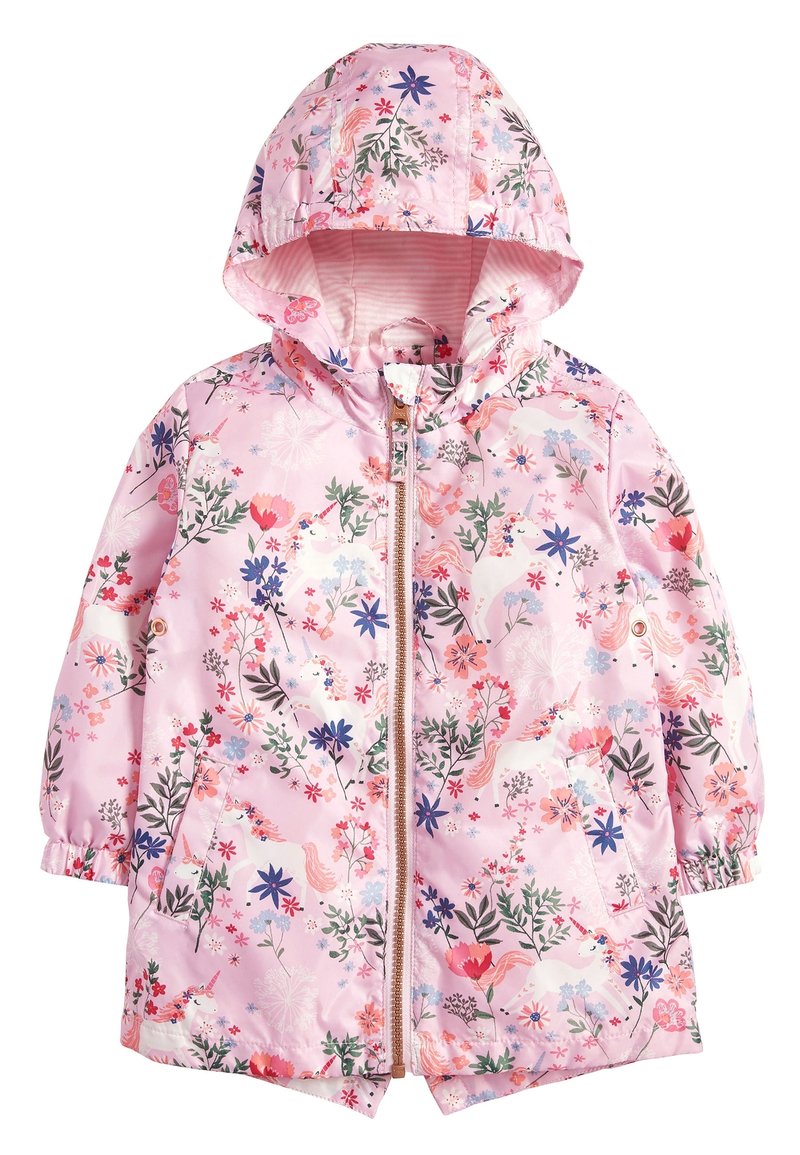 Imperméable enfant rose à capuche avec fermeture éclair, présentant des motifs floraux et de licornes en plusieurs couleurs.