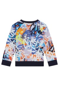 Felpa con motivo graffiti multicolore, tra cui blu, arancione e nero. Presenta un colletto e polsini a coste in navy.