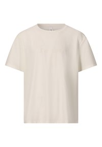 Krämfärgad t-shirt gjord av mjukt tyg med rund hals och korta ärmar. Har en embossad logotyp framtill.