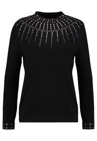 Schwarzer Pullover mit langen Ärmeln, ausgestattet mit einem runden Halsausschnitt und mit Nietenverzierungen, die in einem Sonnenstrahlenmuster an den Schultern angeordnet sind.