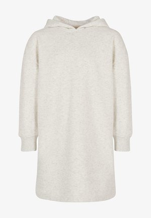 Jasno beżowa sukienka z kapturem wykonana z miękkiego, teksturowanego materiału. Posiada długie rękawy i luźny krój, sięgający do połowy uda.