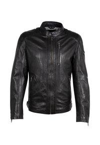 Schwarze Lederjacke mit tailliertem Schnitt, Reißverschluss vorne und gerippten Schulterakzenten. Verfügt über mehrere Reißverschlusstaschen und einen Stehkragen.
