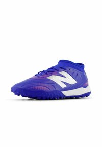 Purple athletic shoe made of synthetic material with a textured upper, white accents, and a rubber sole featuring small treads for traction.