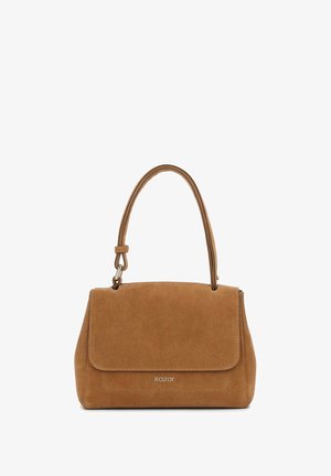 Pruunest nahast käekott klapi sulgemisega, kahe sangaga ja logo aktsendiga ees. Omab struktureeritud kuju ja sileda tekstuuri.