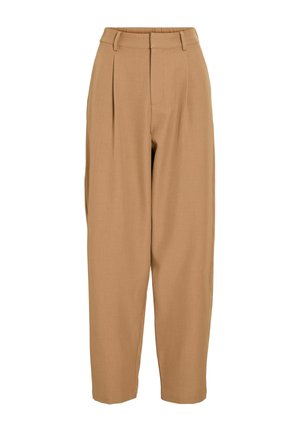 Beiget suorat housut, joissa on räätälöity istuvuus, laskokset, korkea vyötärö ja sileä pinta. Suorat lahkeet ilman näkyviä kuvioita tai koristeita.