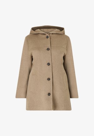 Beige Wollmischungsjacke mit Kapuze, ausgestattet mit sechs vorderen Knöpfen, zwei seitlichen Taschen und einem geraden Schnitt. Glatte Textur und minimalistisches Design.