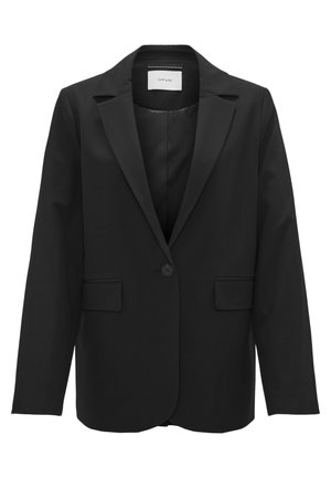 Blazer noir avec un col en dents de scie, fermeture à un bouton, deux poches avant et un tissu à texture lisse.