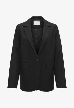 Blazer noir avec un col en dents de scie, fermeture à un bouton, deux poches avant et un tissu à texture lisse.