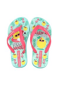 Chanclas turquesas con correas rosas, con un estampado tropical de flamencos y limones sonrientes, suela texturizada con el texto "Estado de Ánimo Verano".