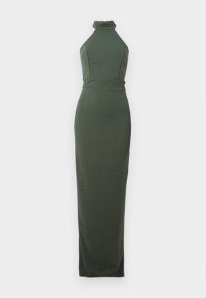 Ermeløs, olivengrønn maxikjole med høy hals, tettsittende midje og en jevn tekstur; gulvlengde design fremhever silhuetten.
