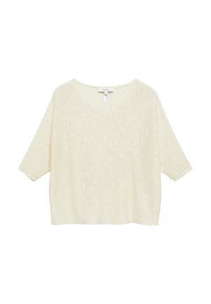 Maglione lavorato a maglia color crema, ampio e comodo, con maniche tre quarti e scollo rotondo, realizzato in tessuto leggero e strutturato.