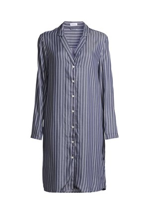 Pitkähihainen, tummansininen paitamekko, jossa valkoiset pystysuorat raidat, napit edessä ja lovettu kaulus.