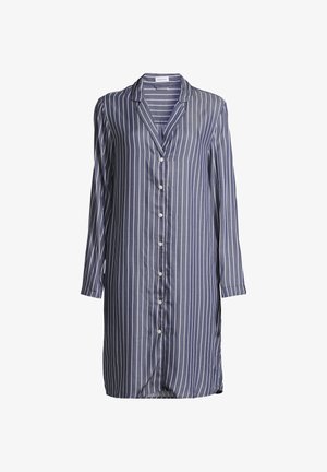 Vestito camicia a maniche lunghe blu navy con righe verticali bianche, chiusura con bottoni e colletto a incavo.