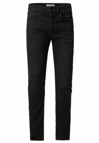 Jeans de mezclilla negra con un corte ajustado, diseño de cinco bolsillos, costuras sutiles y una cinturilla estándar con cierre de cremallera.