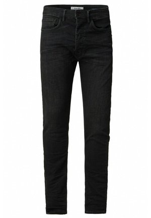 Jeans in denim nero con una vestibilità slim, design a cinque tasche, cuciture sottili e chiusura con cintura standard e zipper.