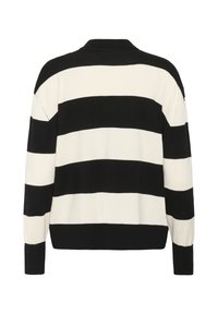 Pull en tricot rayé noir et blanc avec manches longues, col et poignets côtelés, offrant une texture douce et une coupe décontractée.