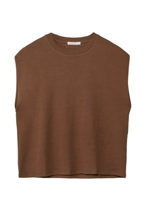 Bezrokavni rjavi crop top s krojačkim izrezom, ravnim robom in mehkega materiala.