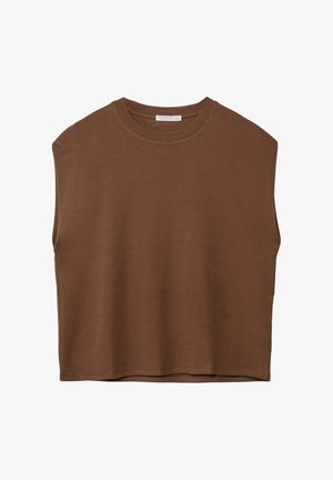 Top corto senza maniche marrone con scollo rotondo, orlo dritto e tessuto morbido.